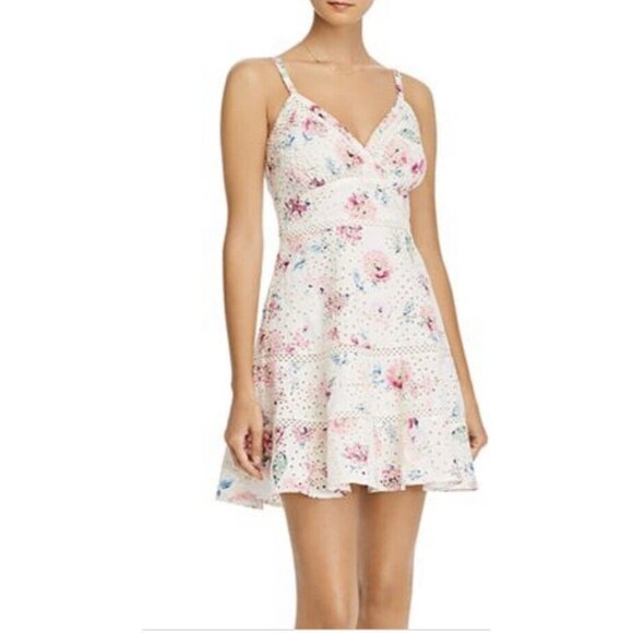 Aqua‎ Womens Fit & Flare Dress White Floral Spaghetti Strap Eyelets Lace L New - Picture 1 of 9